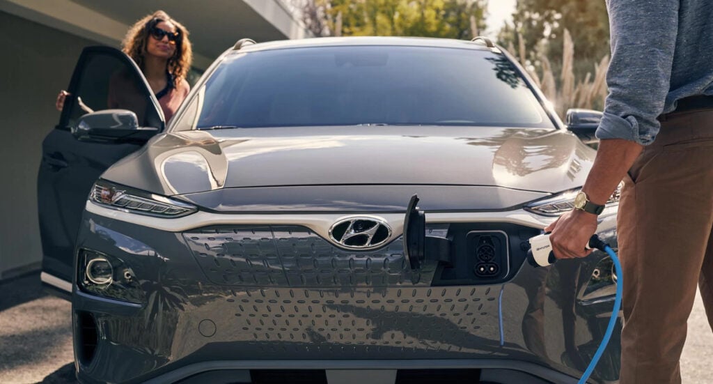 2020 Kona Electric in Winnipeg, MB being plugged in and charging