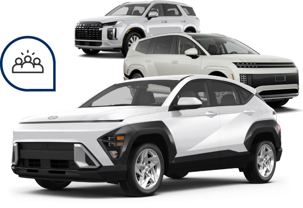 Three white Hyundai SUVs arranged in a staggered lineup with a customer icon, representing vehicle trade-in or appraisal services.