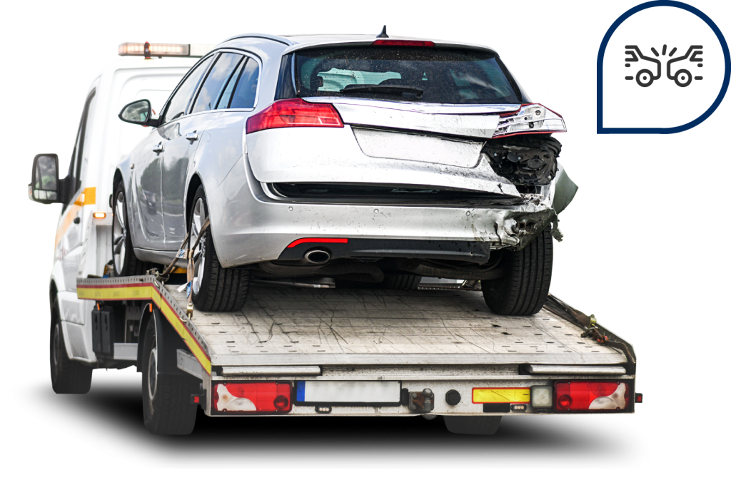 Silver hatchback with rear-end damage being transported on a flatbed tow truck, next to a crash icon.