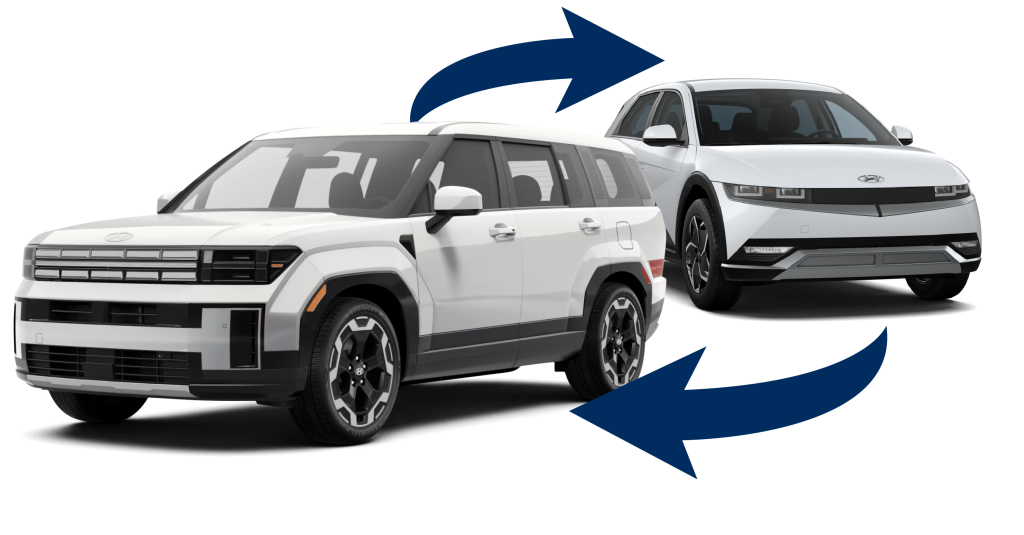 Two white Hyundai SUVs positioned with blue arrows between them, illustrating a vehicle trade-in process.
